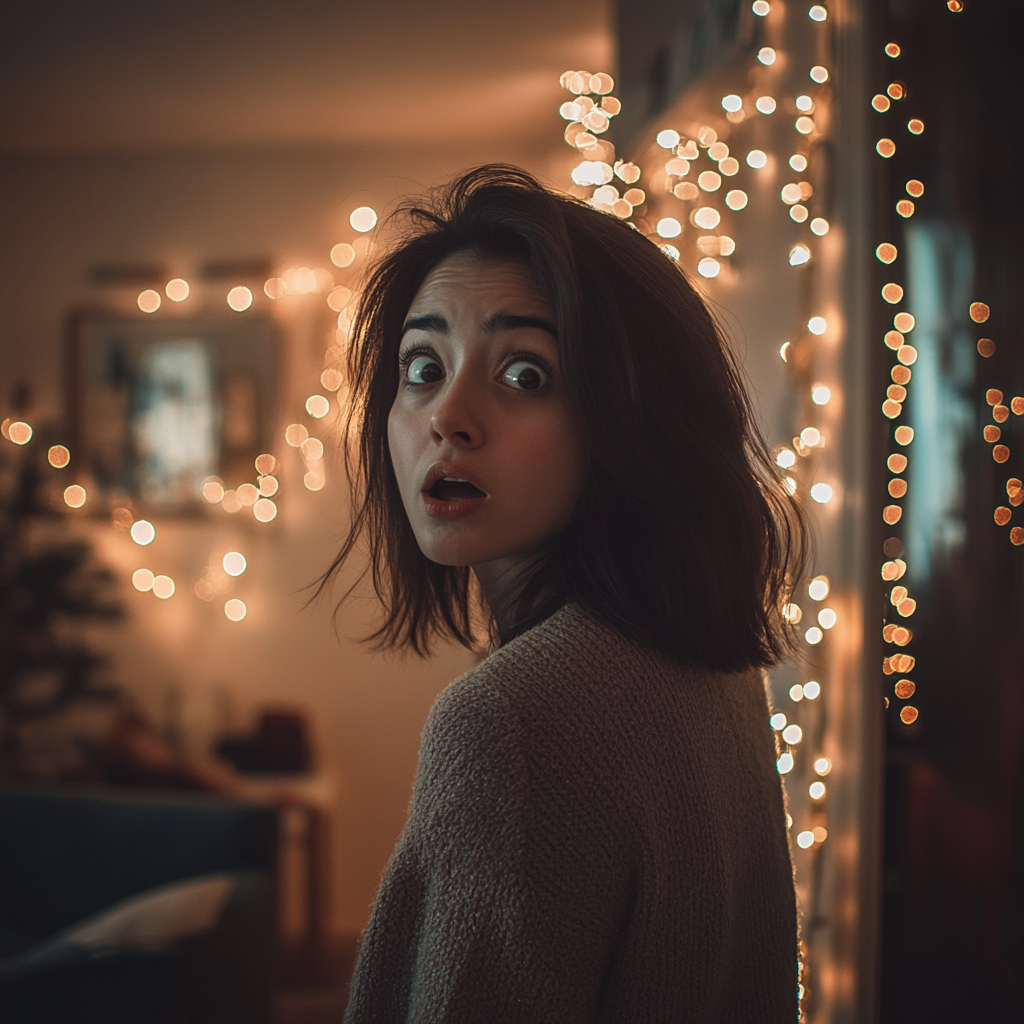 A shocked woman in her living room | Source: Midjourney