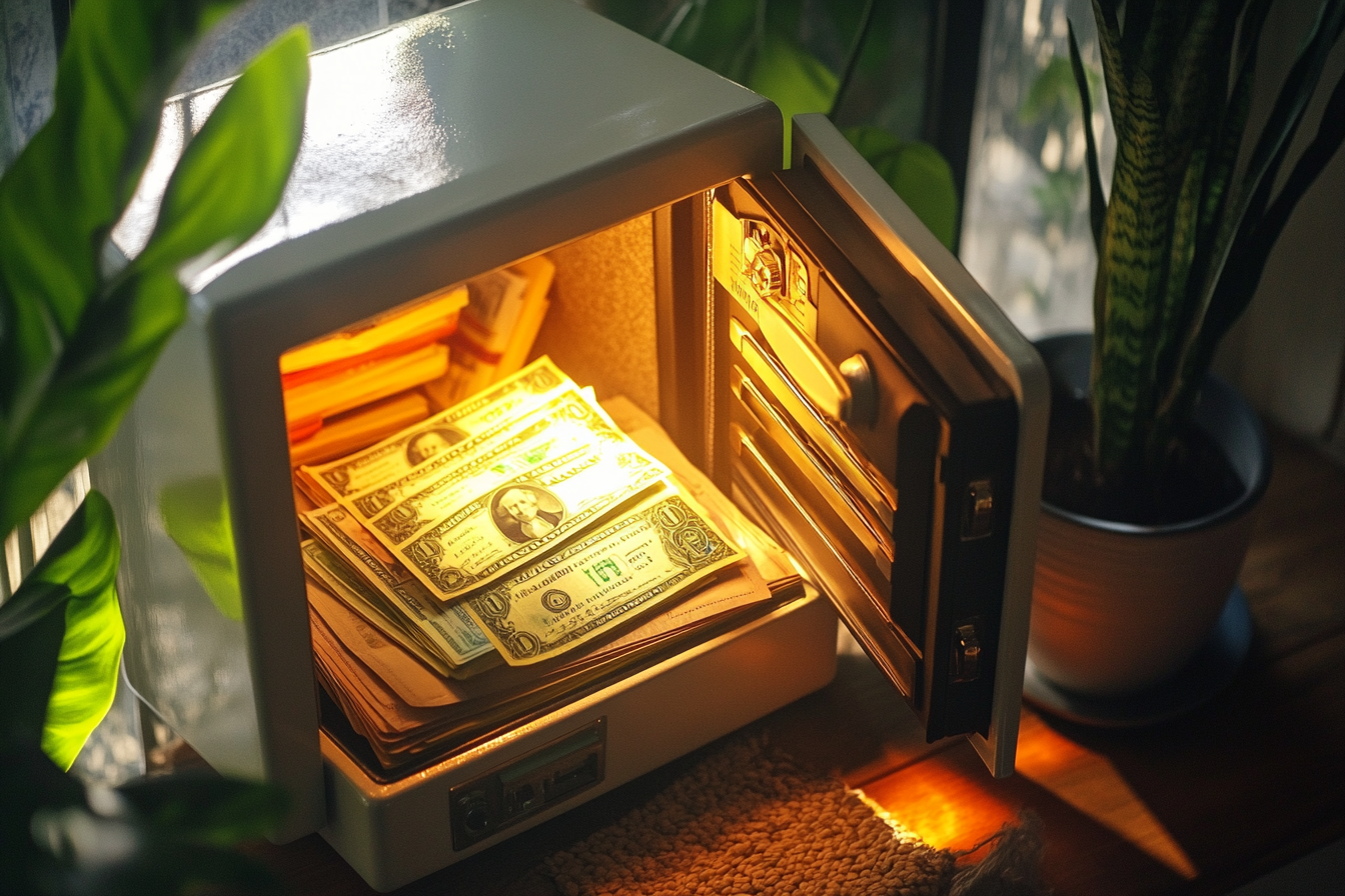 An opened safe with cash, gold, and other important things in an office | Source: Midjourney