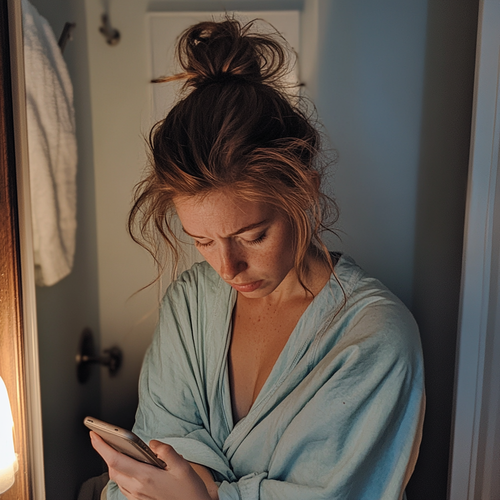 An upset woman standing in a bathroom | Source: Midjourney