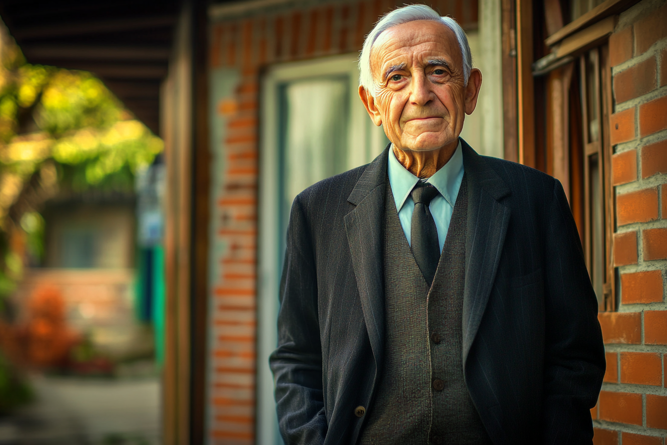 An elderly man standing near a front door | Source: Midjourney