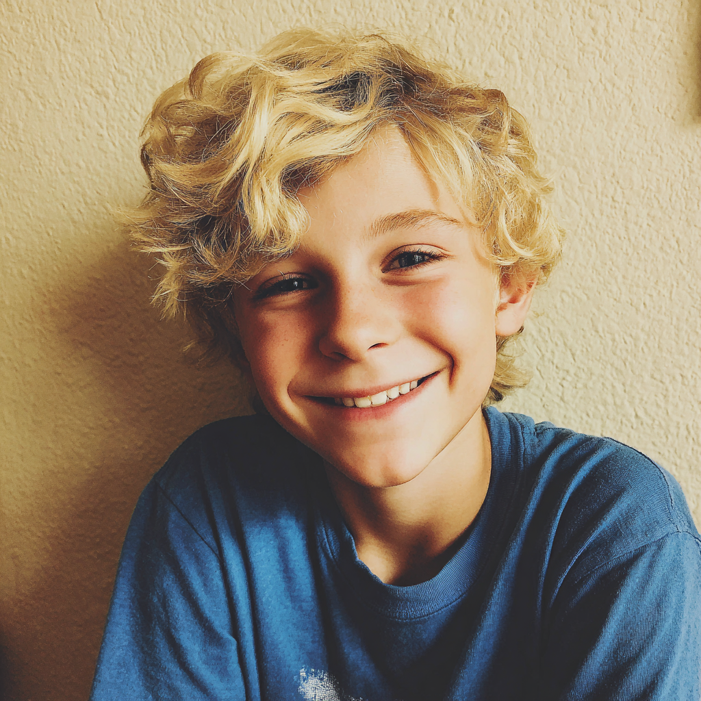 A smiling little boy wearing a blue t-shirt | Source: Midjourney