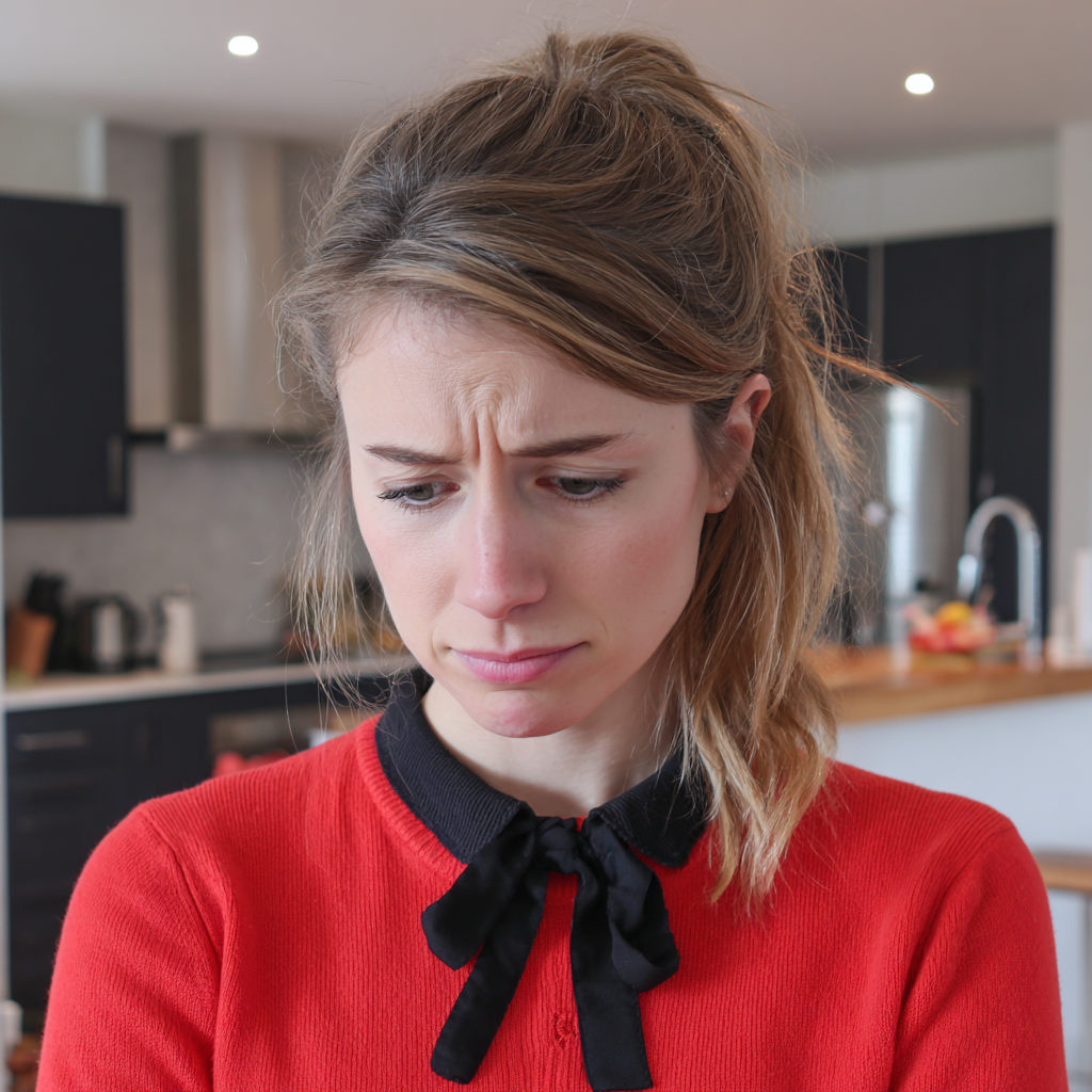 A frowning woman with a ponytail wearing a red jersey | Source: Midjourney