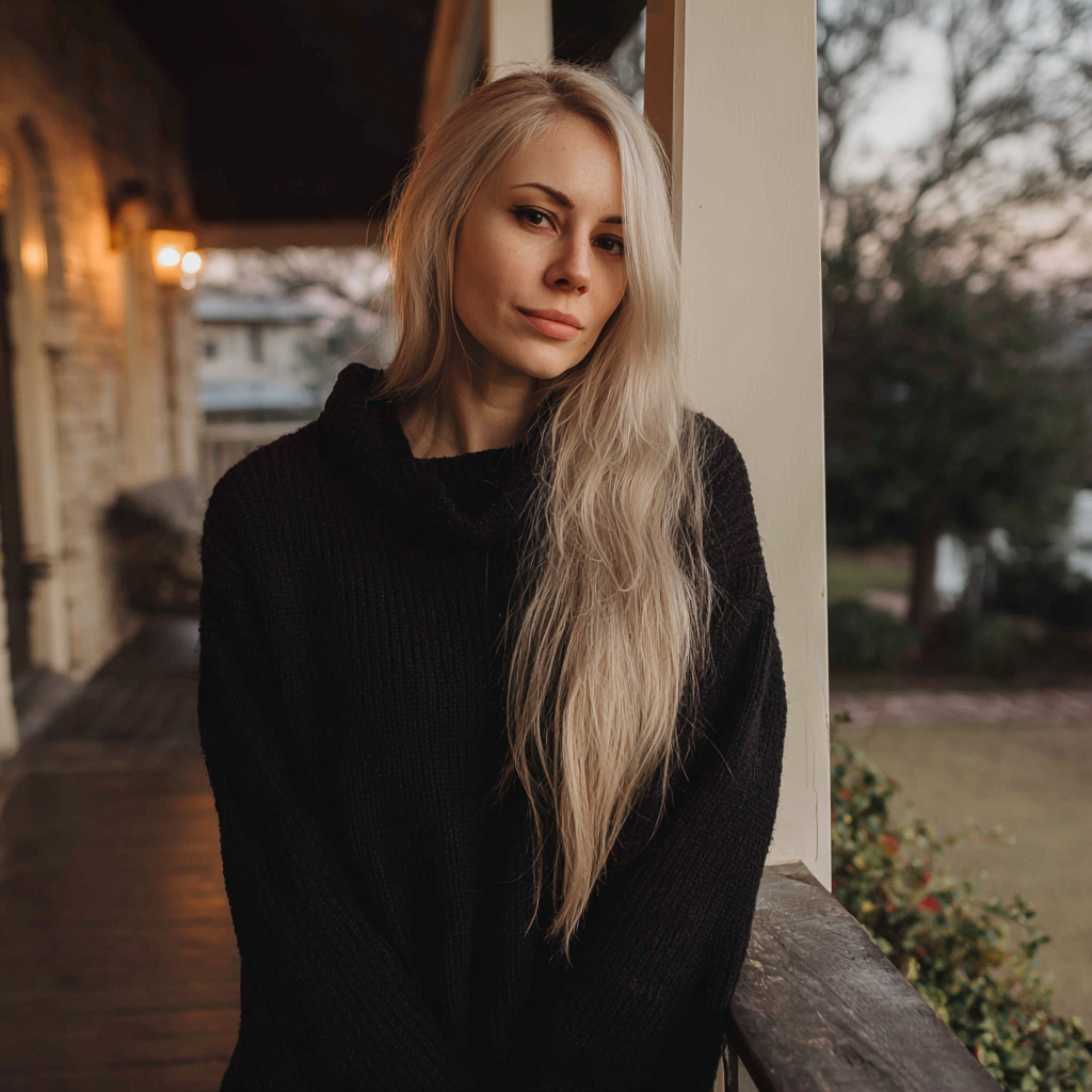 A woman standing on a porch wearing black | Source: Midjourney