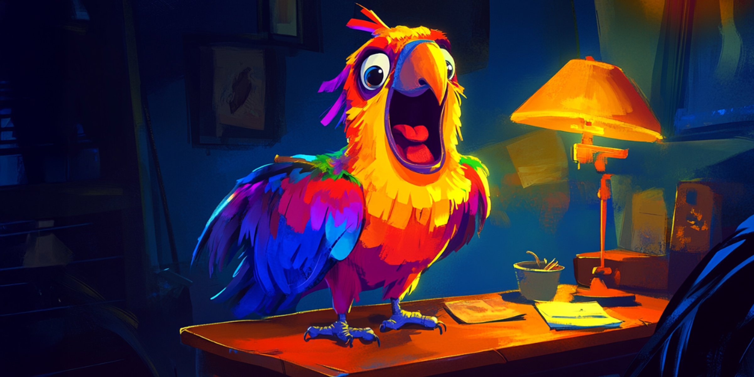 A colorful parrot perched on a desk in a dark room | Source: Amomama