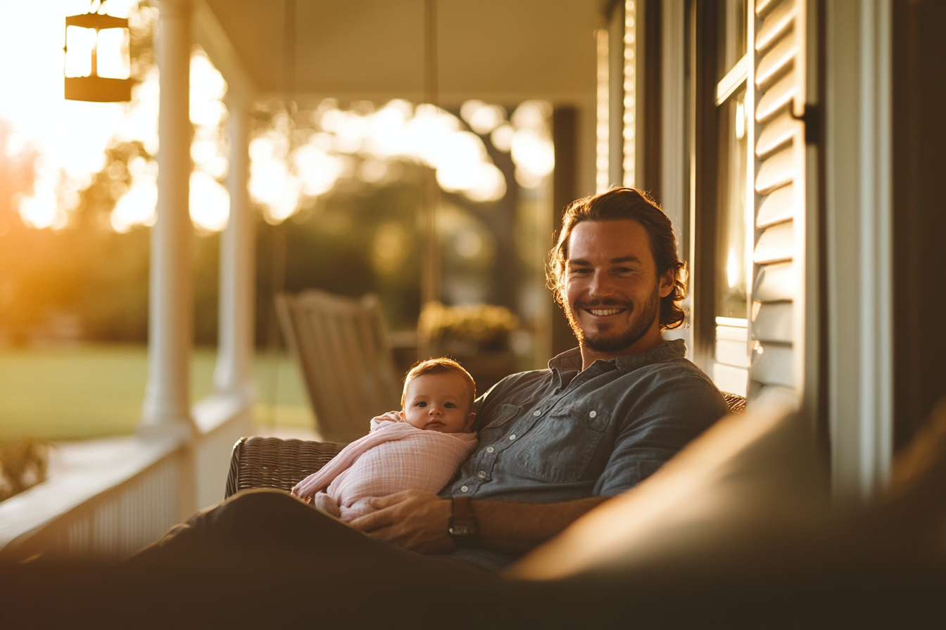 A man sits on a porch smiling while holding a baby in a pink blanket | Source: Midjourney