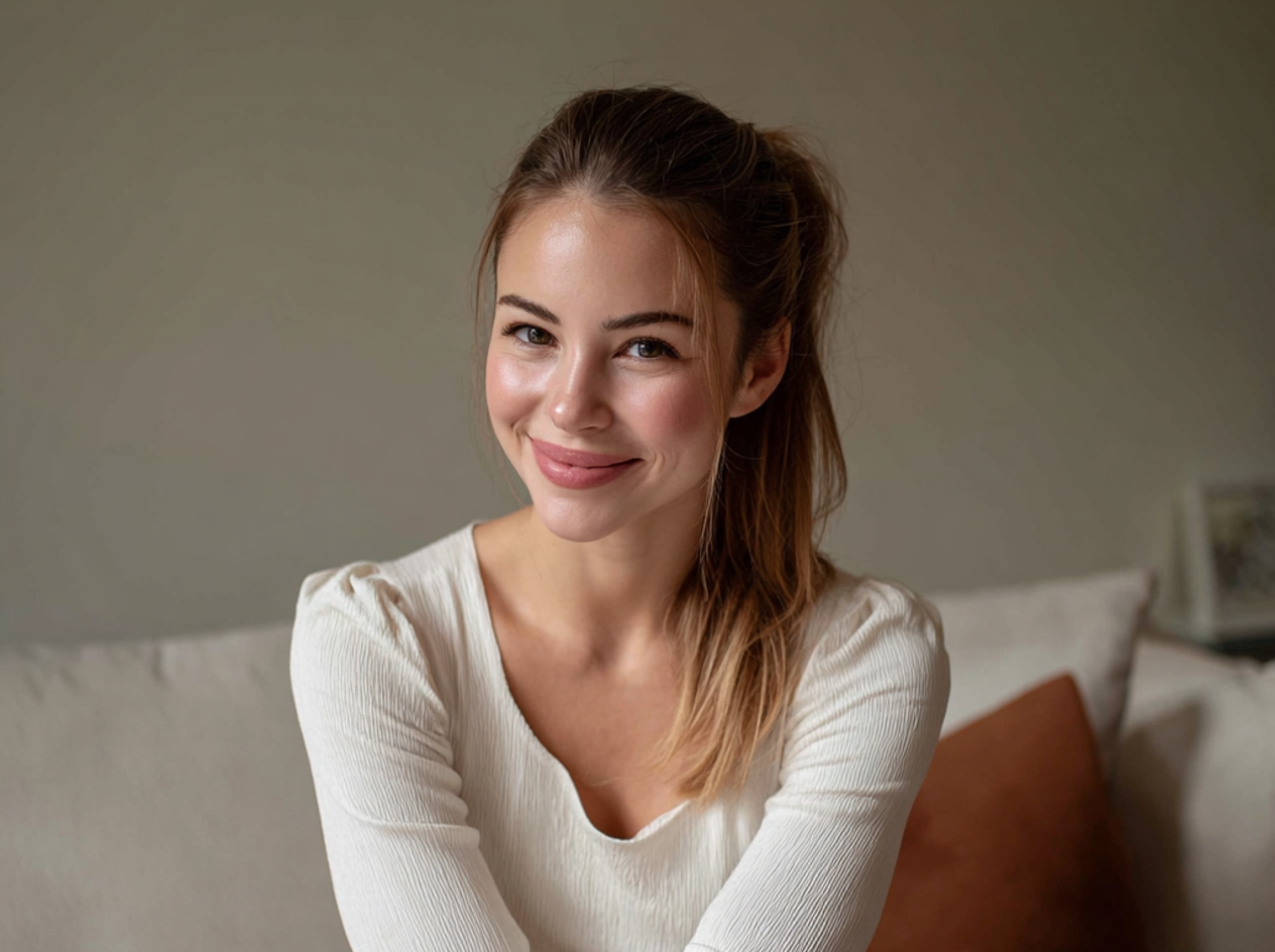 A smiling woman sitting on a couch | Source: Midjourney