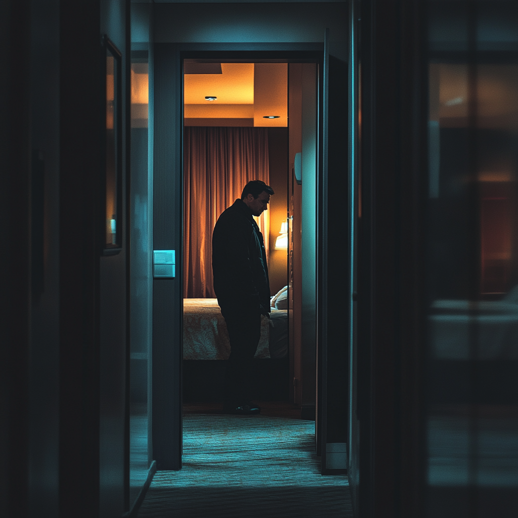 A man standing in his hotel room an night | Source: Midjourney