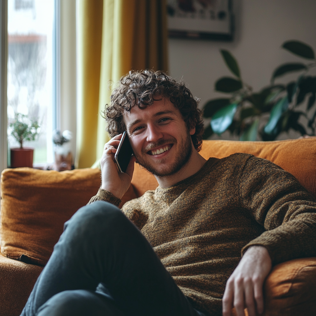 A man talking on his phone in his living room | Source: Midjourney