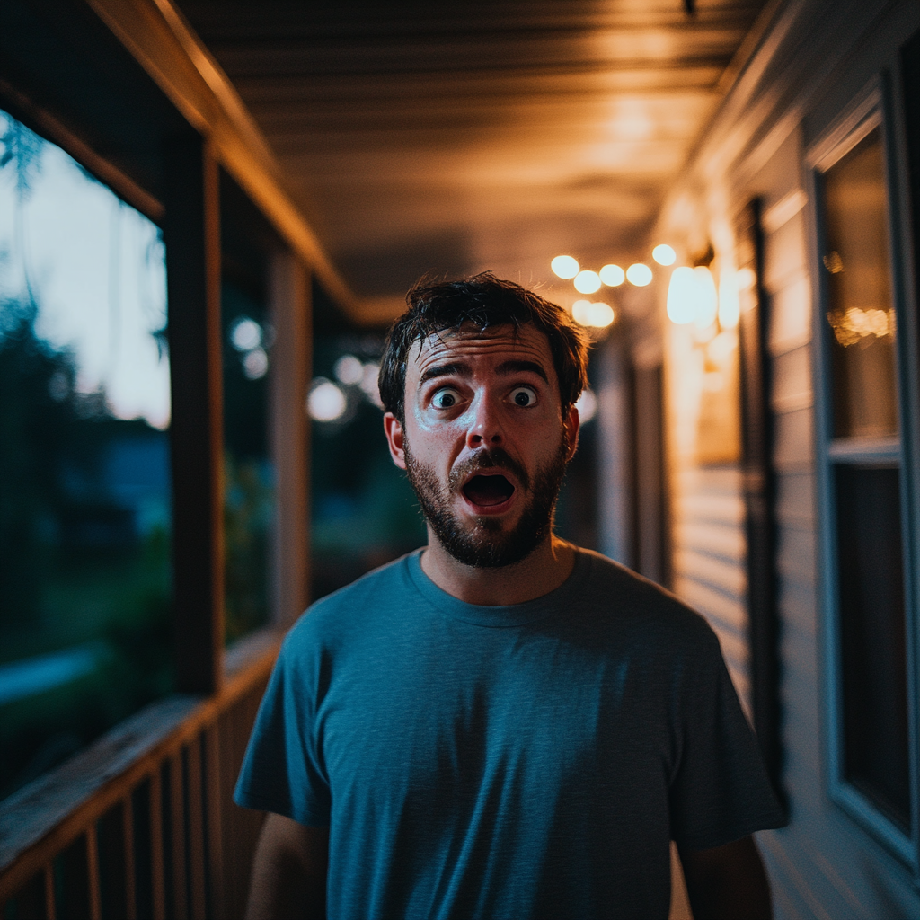 A shocked man standing on a porch | Source: Midjourney