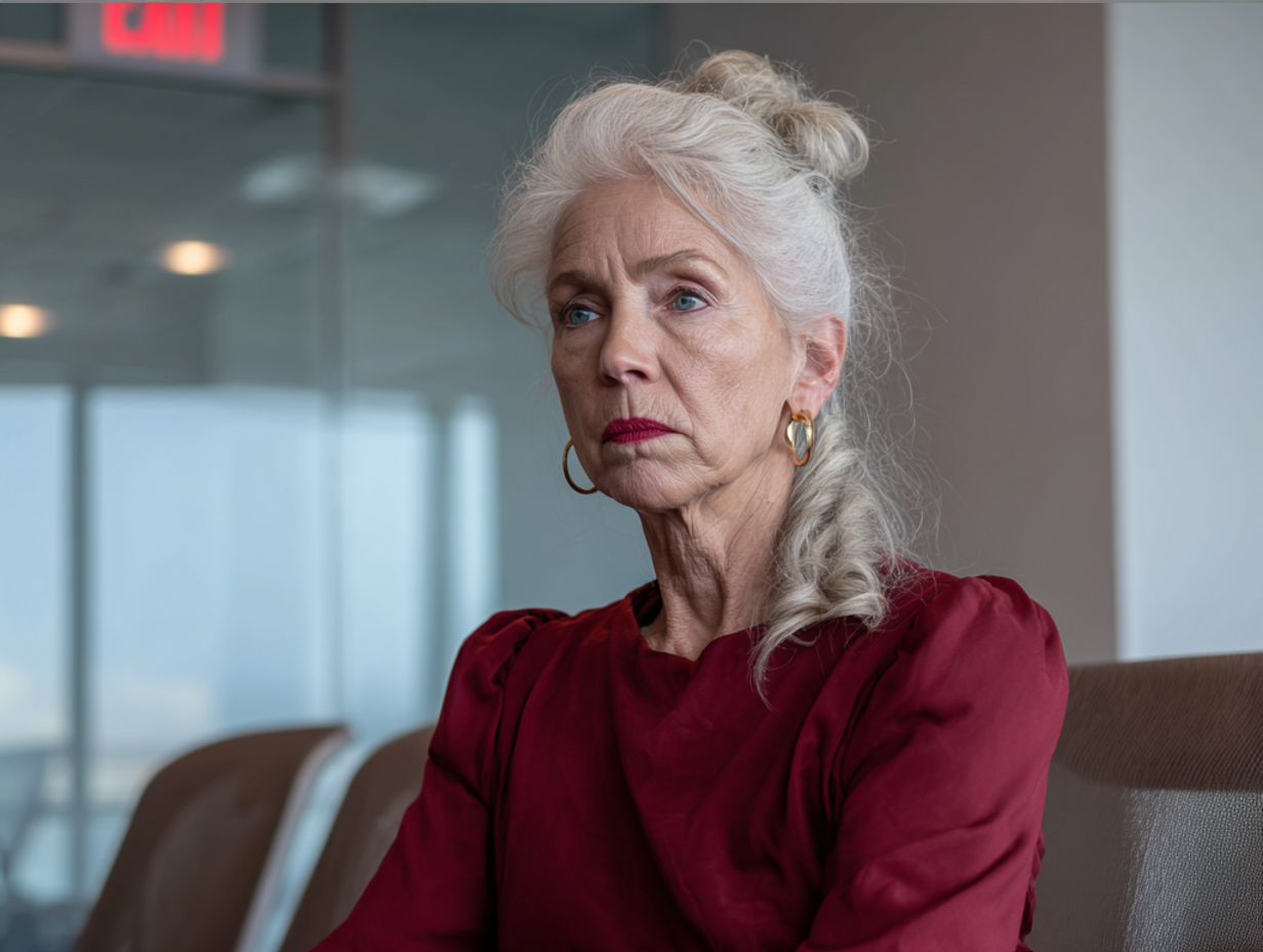 A pensive older woman sitting in a conference room | Source: Midjourney