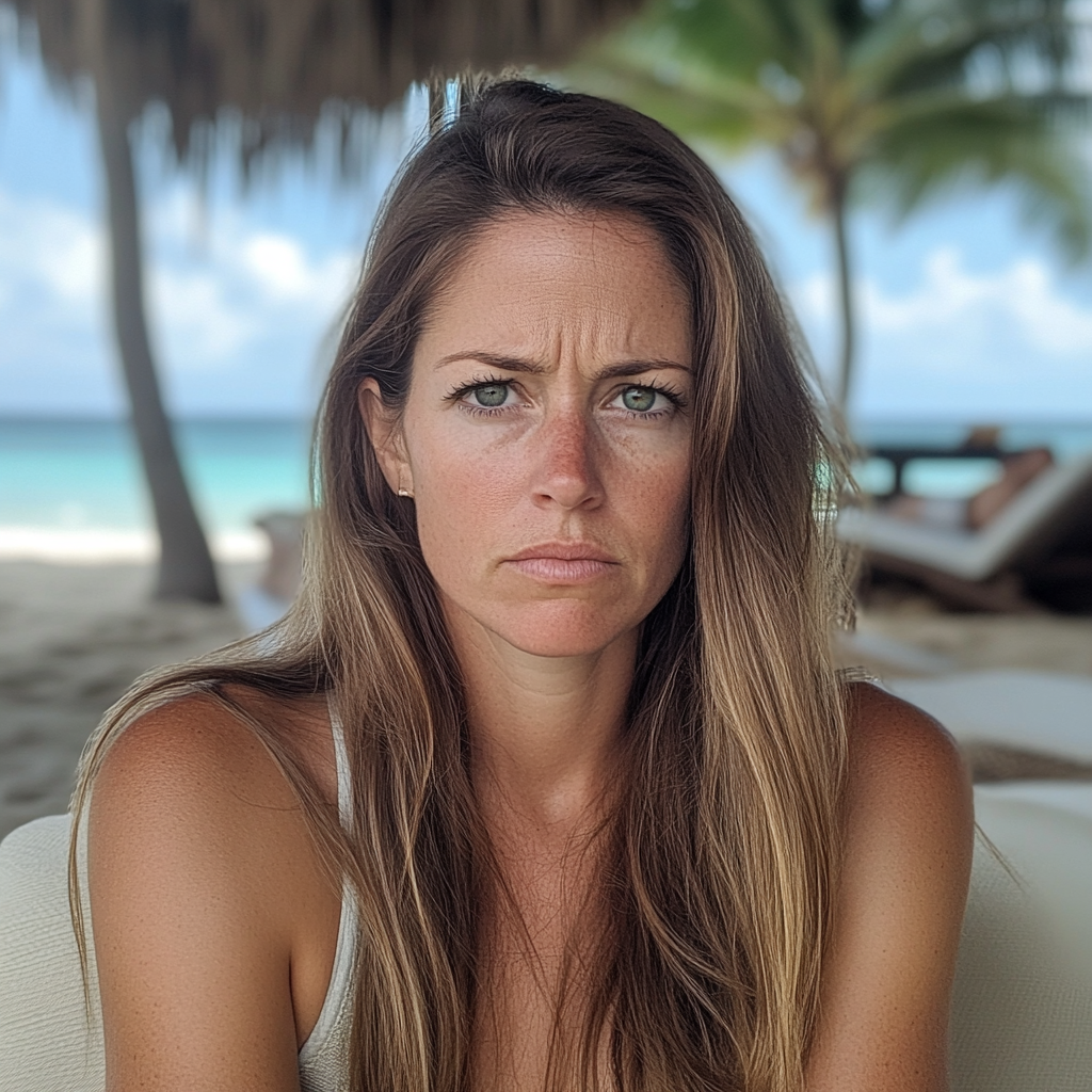 A frowning woman on a beach | Source: Midjourney