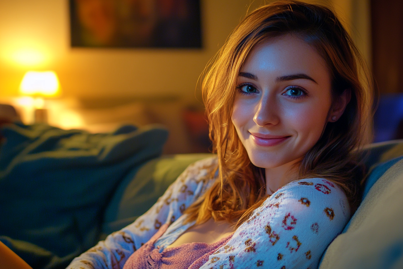 A smirking woman sitting on a sofa | Source: Midjourney