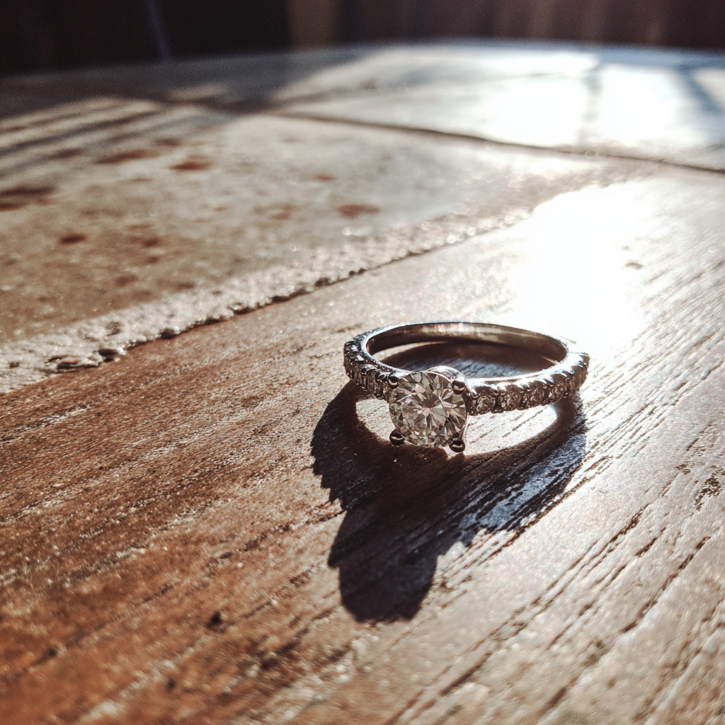 A wedding ring on a table | Source: Midjourney