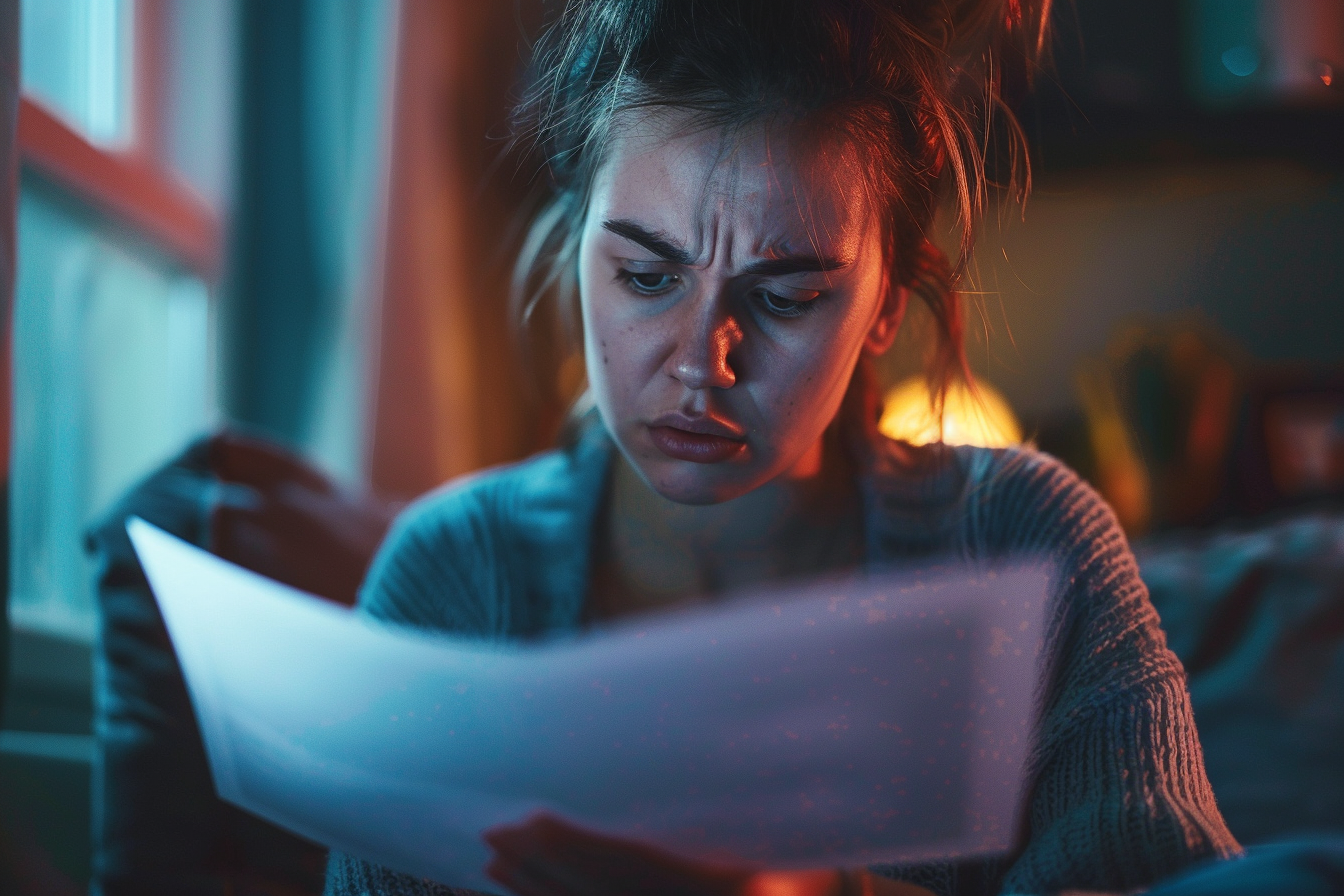 A woman staring at a paper in disbelief | Source: Midjourney