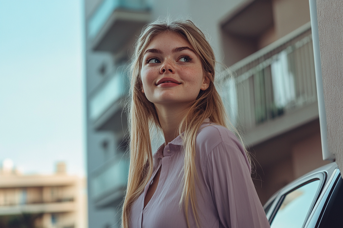 Une femme souriante à l'extérieur d'un bâtiment | Source : Midjourney