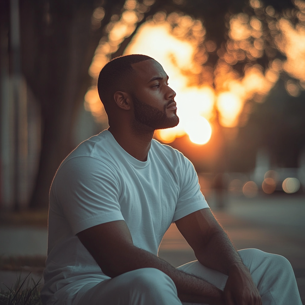 A man sitting on a sidewalk | Source: Midjourney