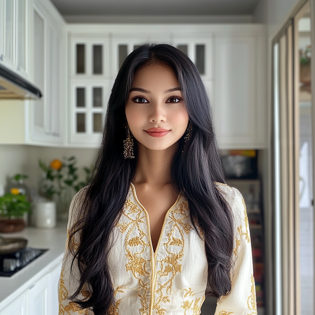 A smiling woman standing in a kitchen | Source: Midjourney