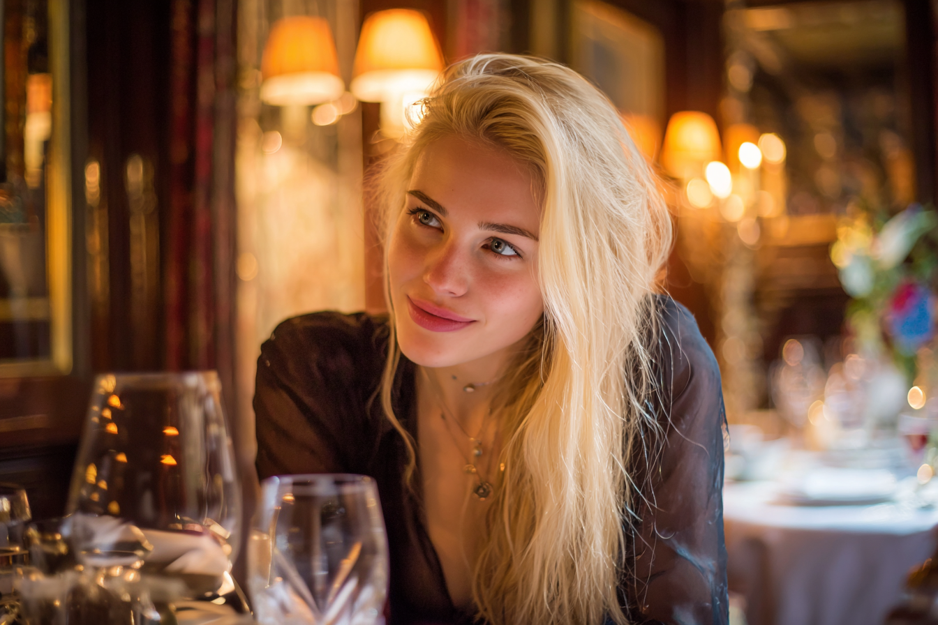 A woman with a fierce look in her eyes smiling at someone in a restaurant | Source: Midjourney