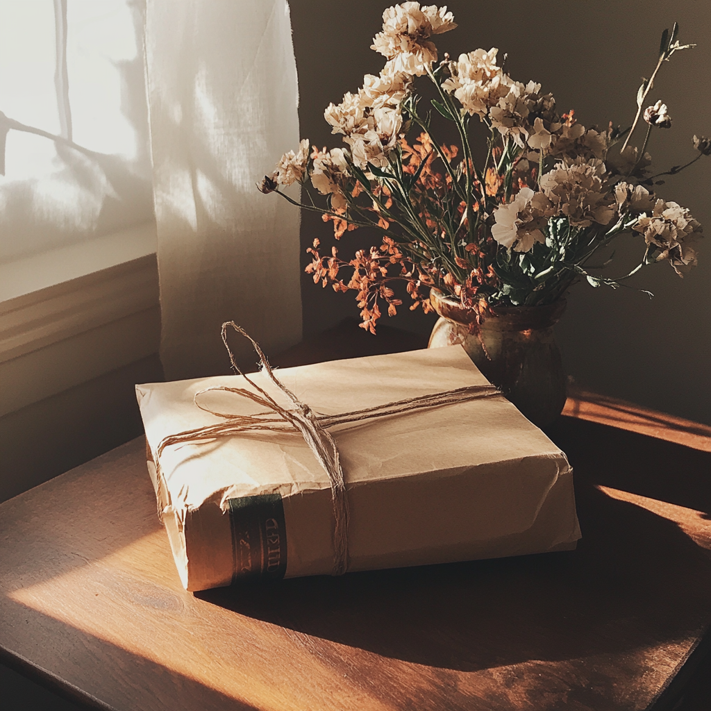 A packaged book and a bouquet of flowers | Source: Midjourney