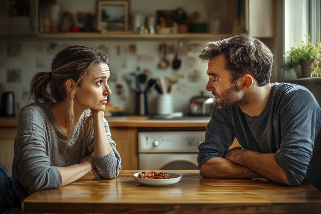 Un couple discute à une table de cuisine | Source : Midjourney