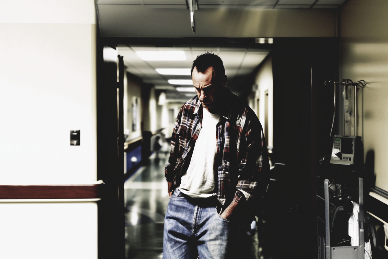 An angry man walking down a hospital corridor | Source: Midjourney