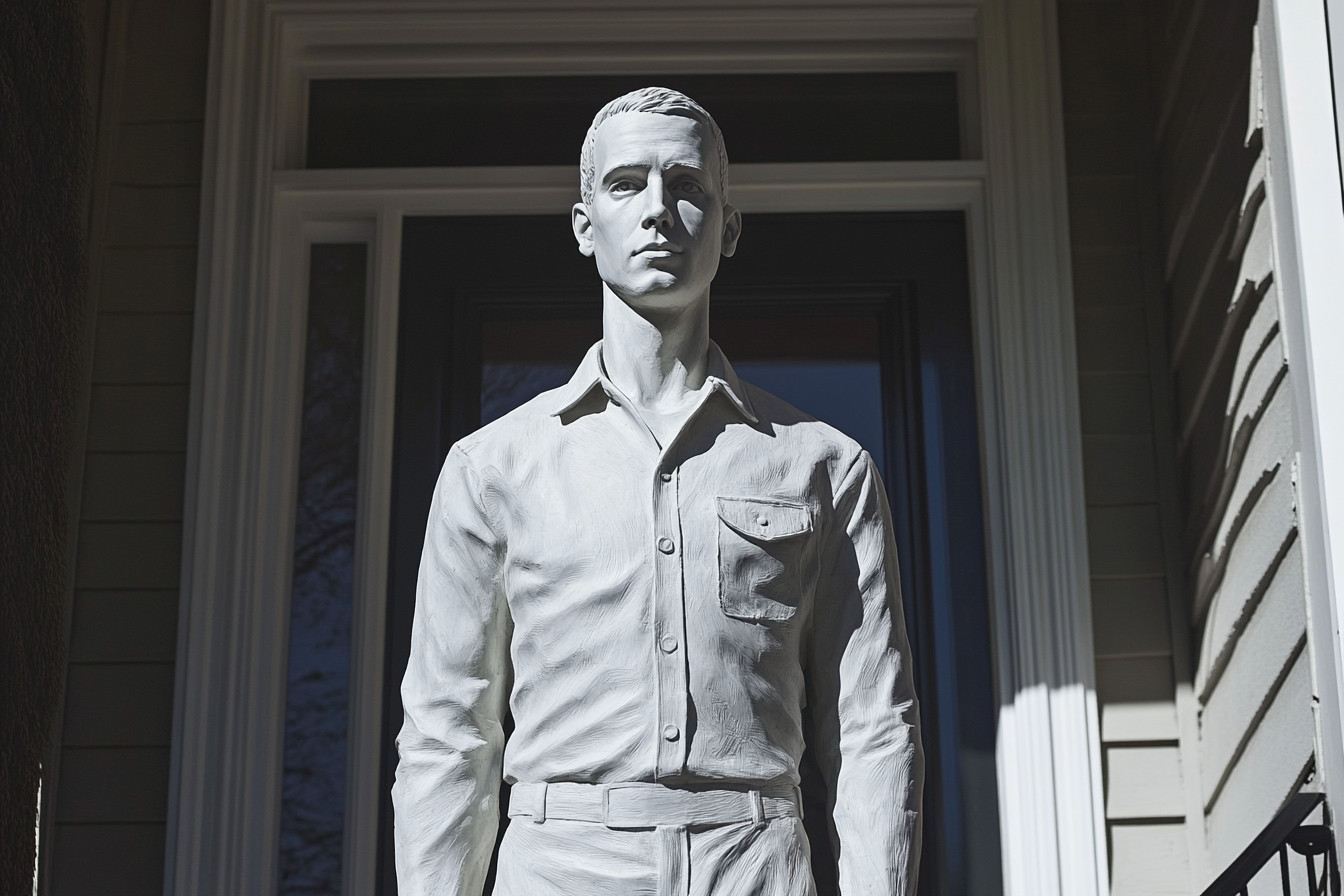 A life-sized sculpture of a man on a front porch | Source: Midjourney