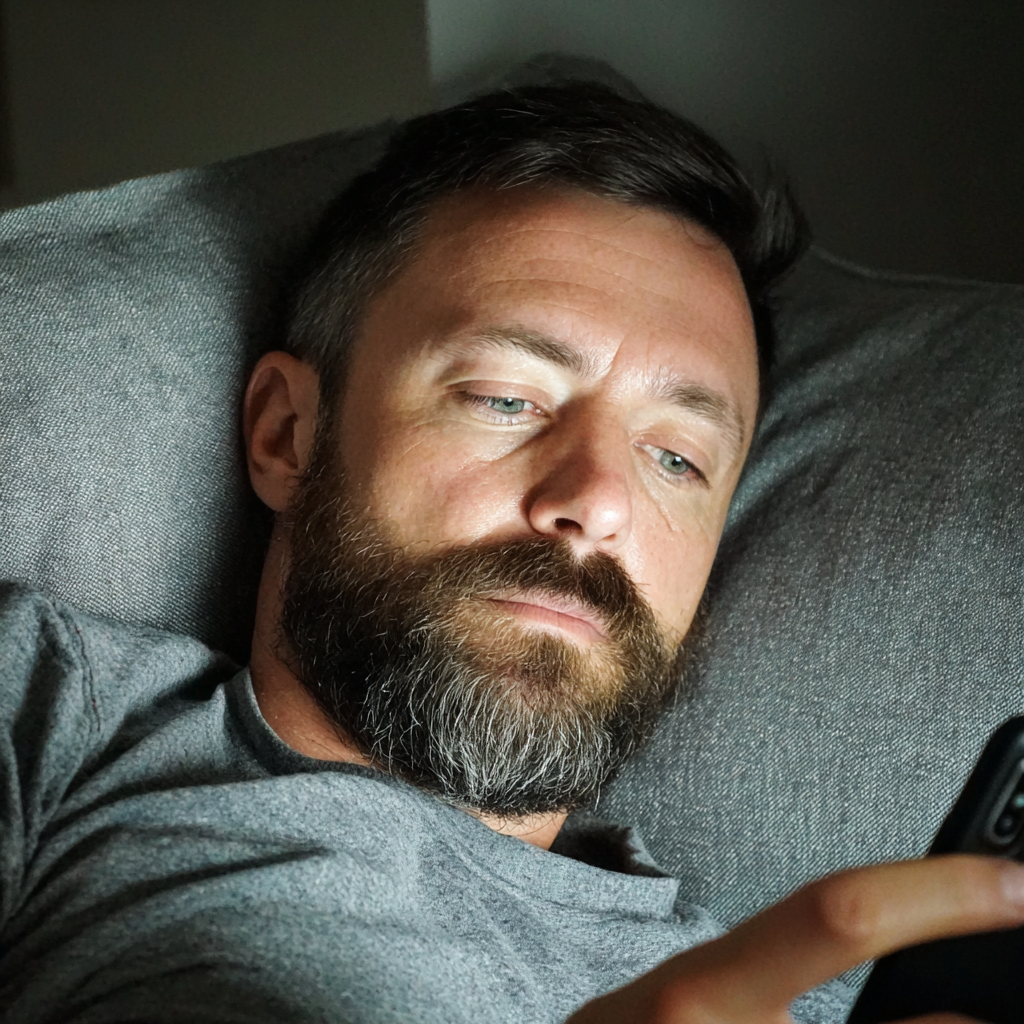 A man relaxing on a couch and using his phone | Source: Midjourney