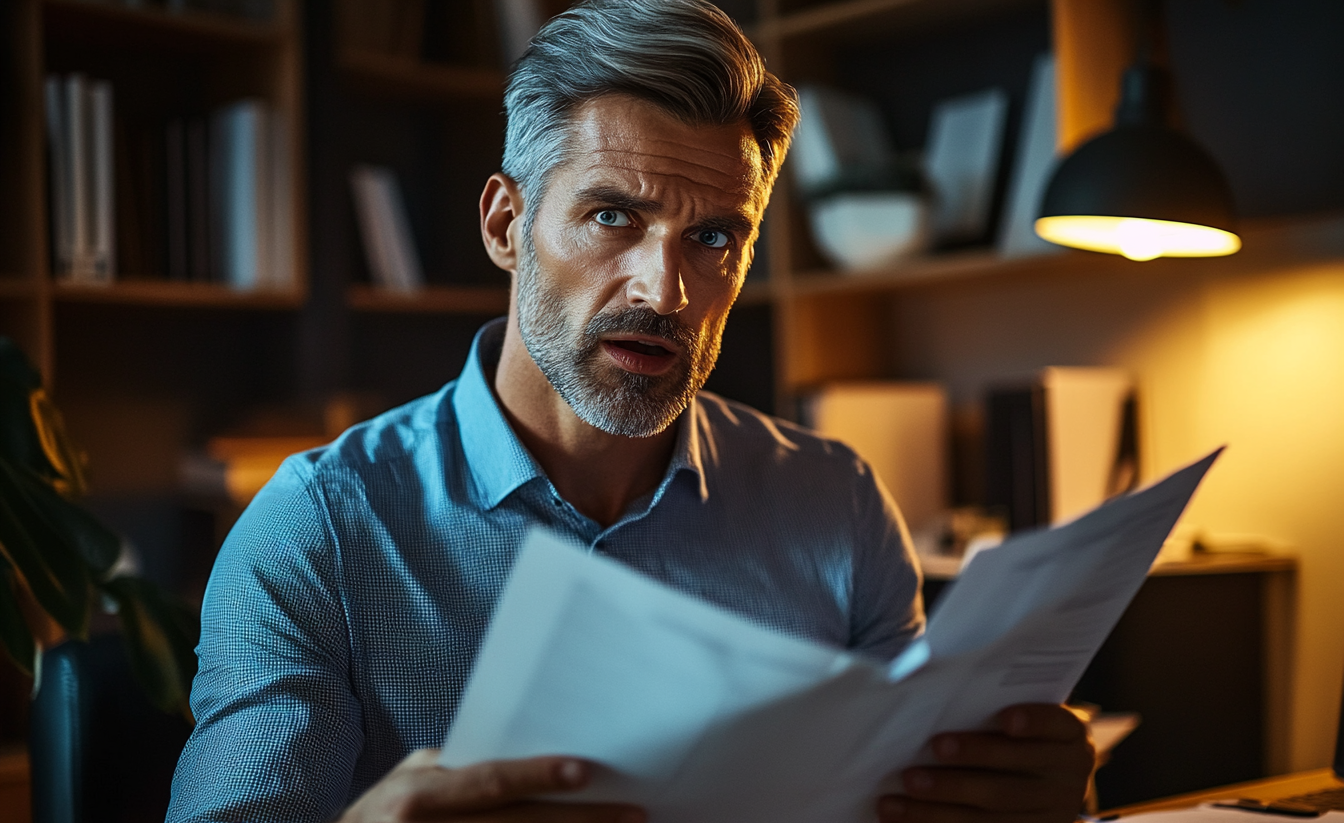 A man holding documents in a home office, looking surprised | Source: Midjourney