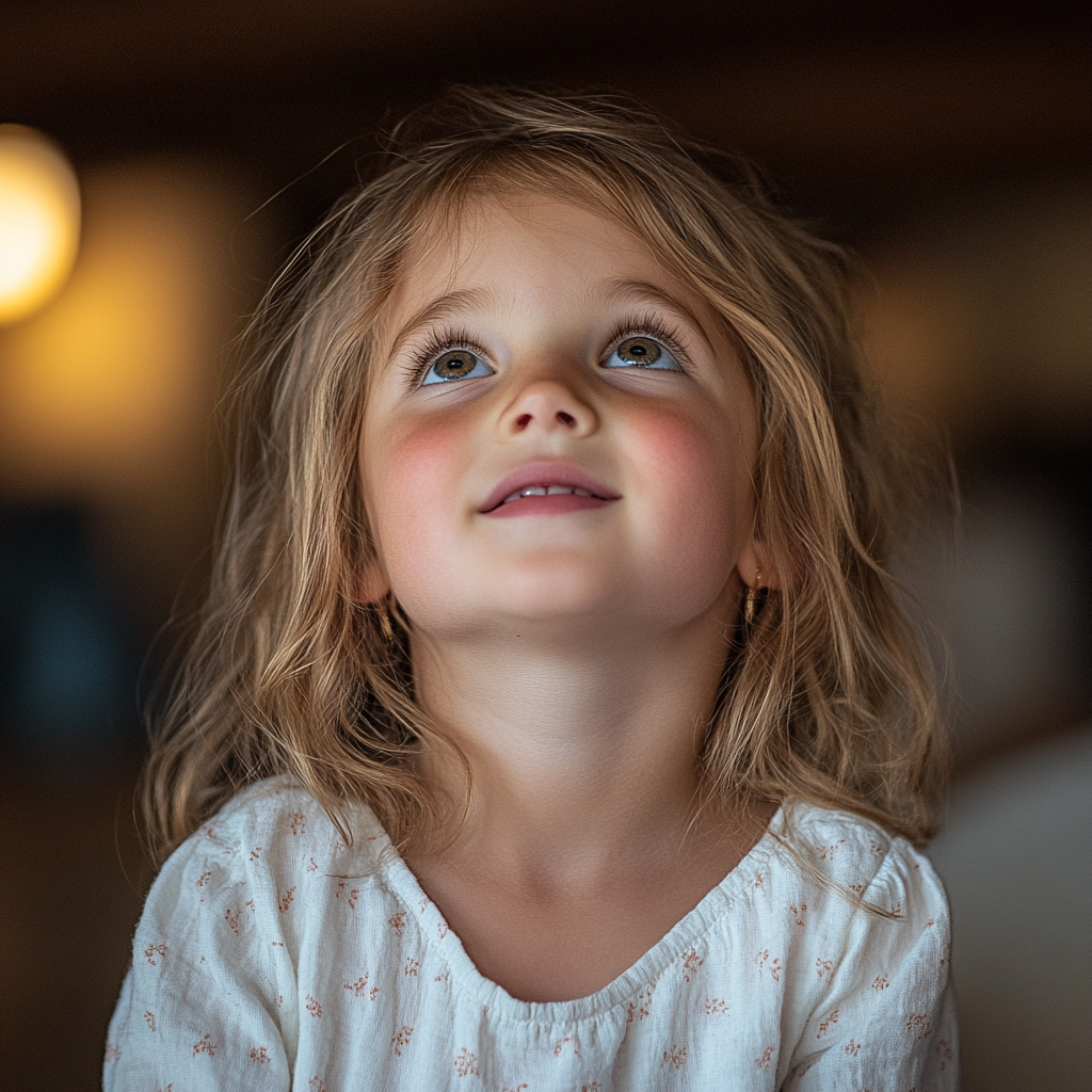 Une petite fille excitée regarde quelqu'un | Source : Midjourney