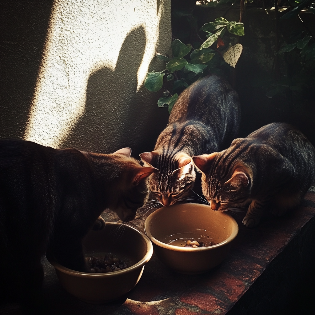 Cats eating from a bowl | Source: Midjourney