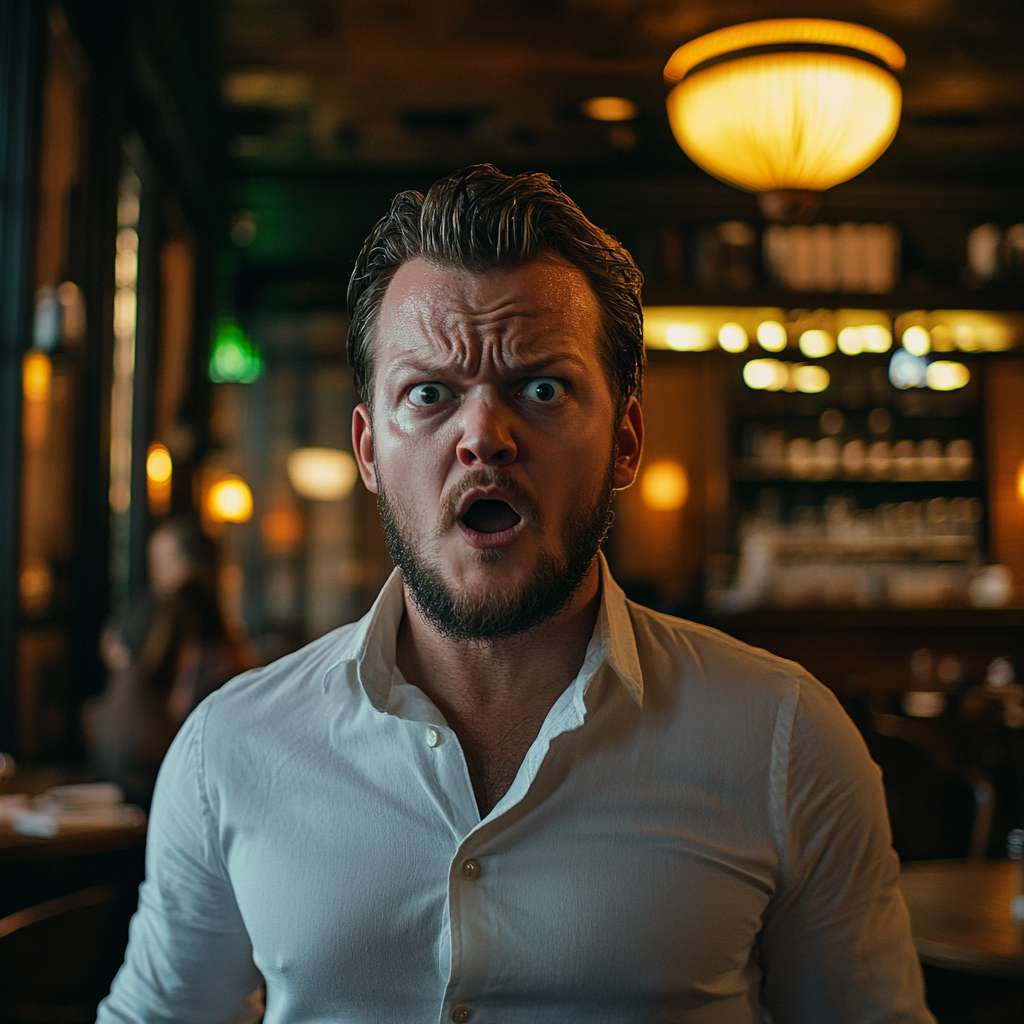 An extremely shocked man standing in a restaurant | Source: Midjourney