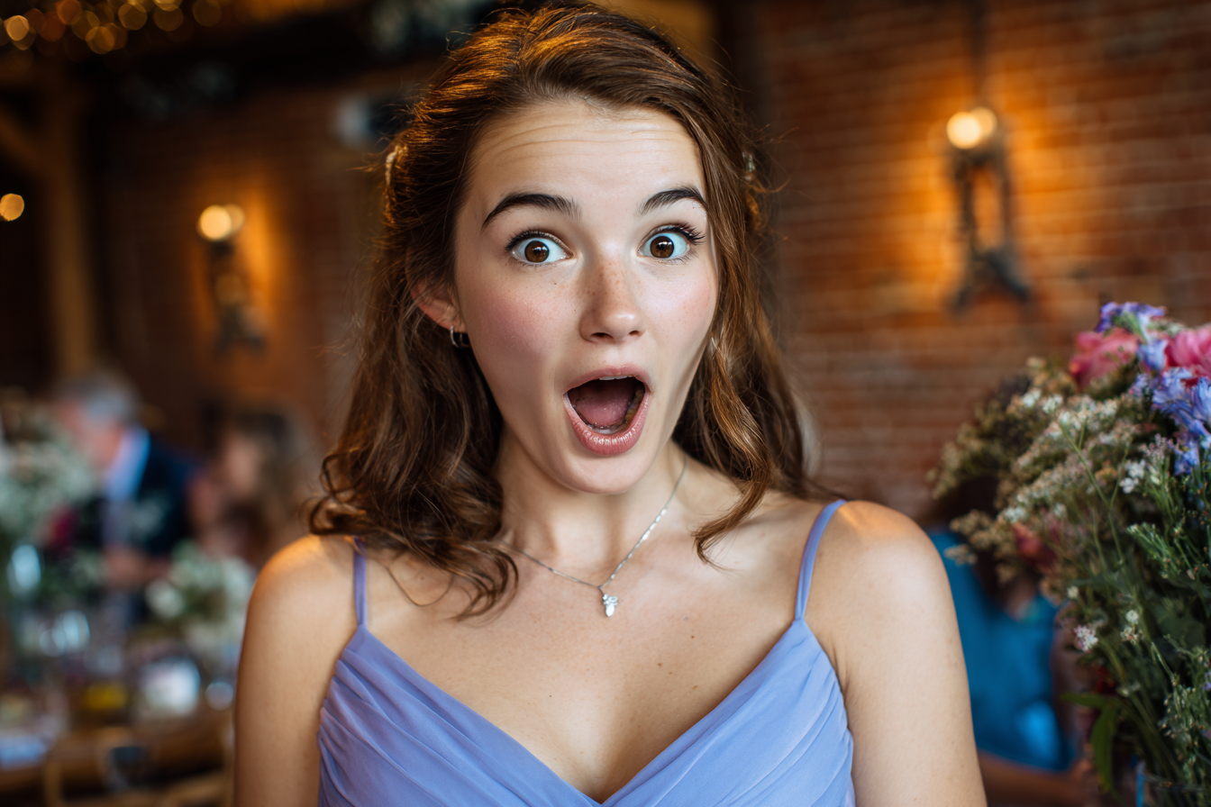 A shocked young woman at a wedding reception | Source: Midjourney