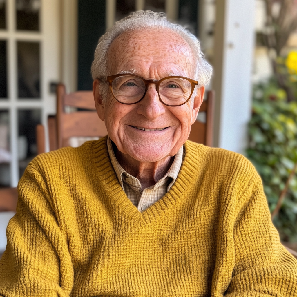A smiling old man sitting on a porch | Source: Midjourney