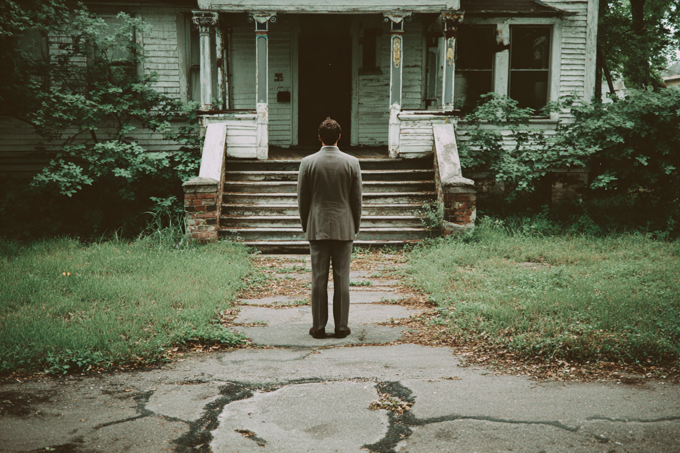 A man standing in front of a modest house | Source: Midjourney