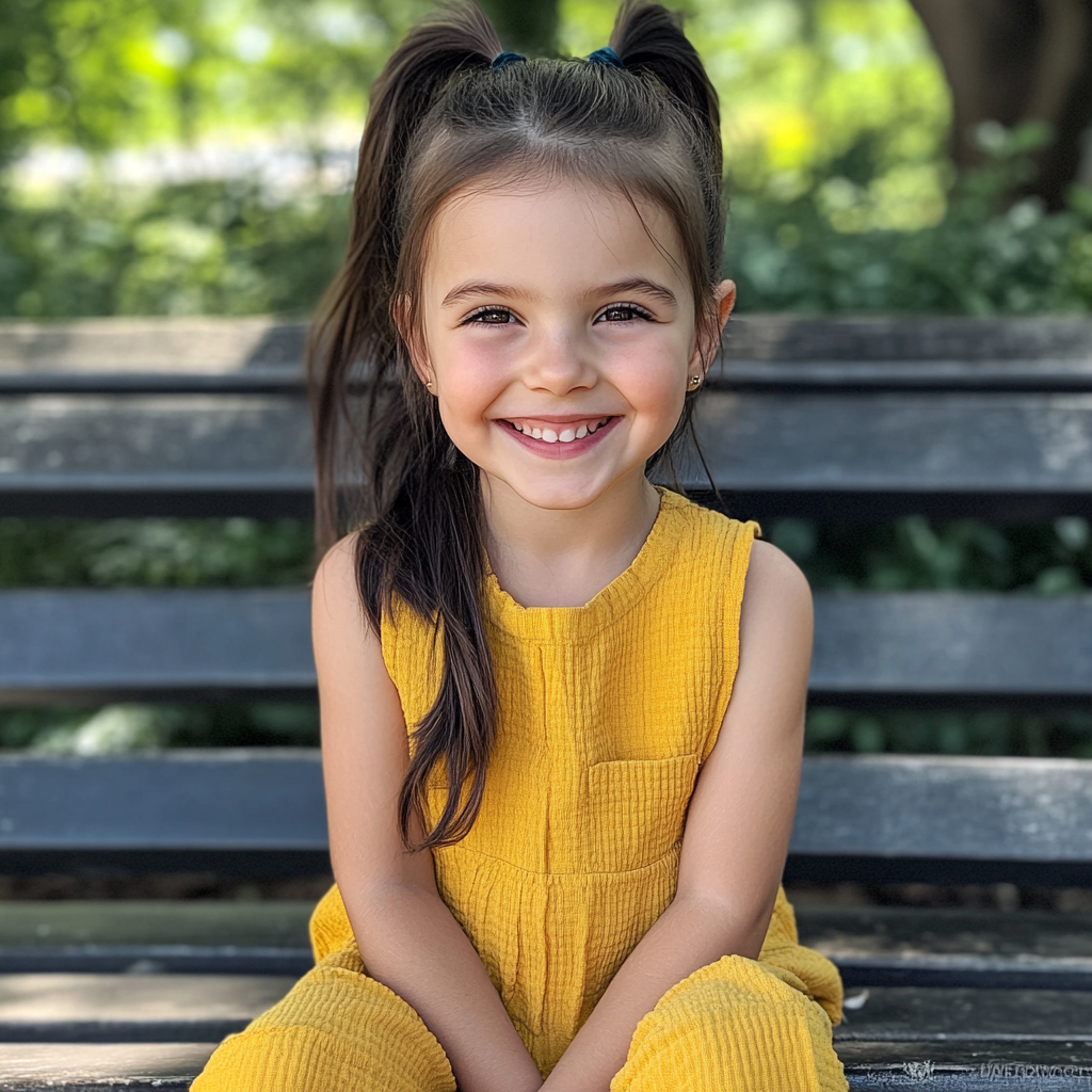 A beautiful little girl sitting on a park bench | Source: Midjourney