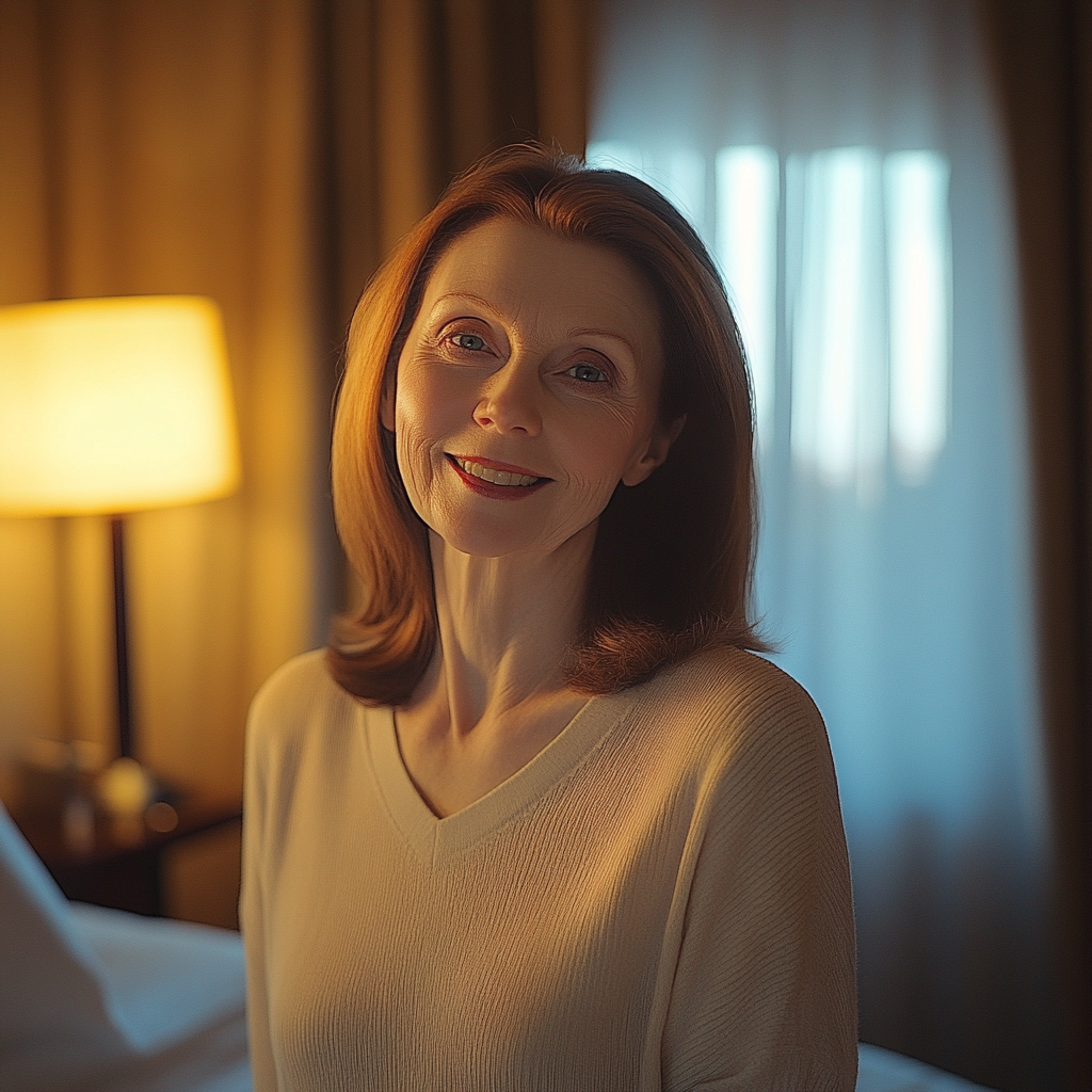 A woman smiling in a hotel room | Source: Midjourney