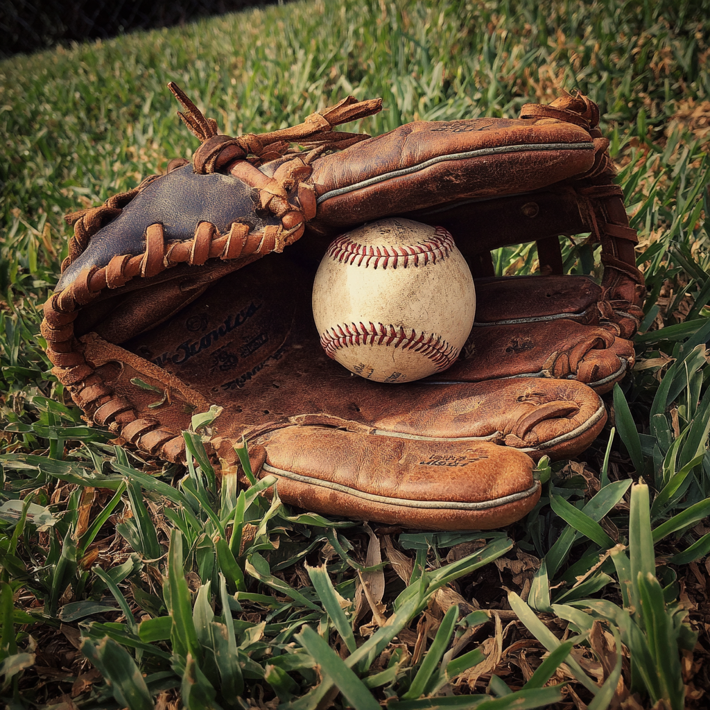 A baseball glove on grass | Source: Midjourney