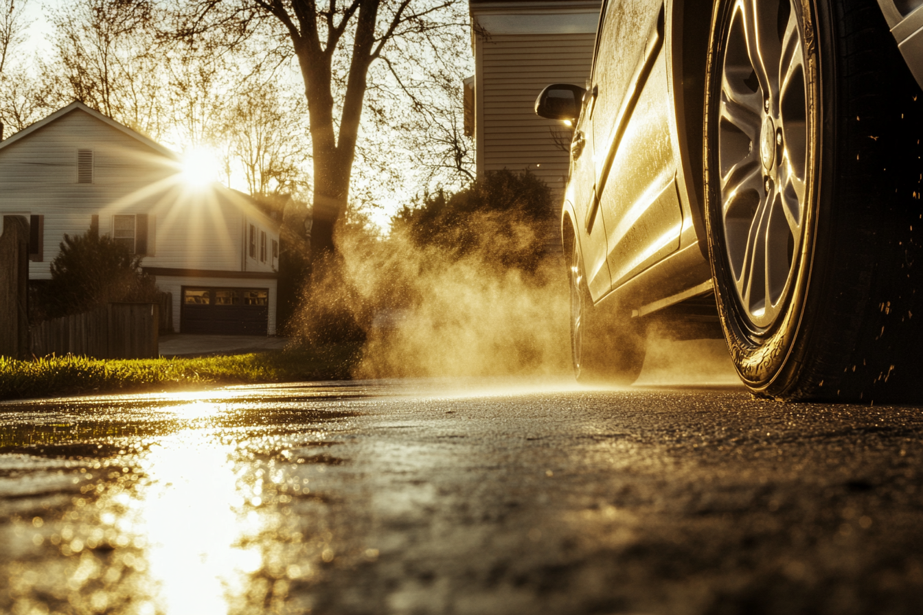 Car tires screeching into a house driveway | Source: Midjourney