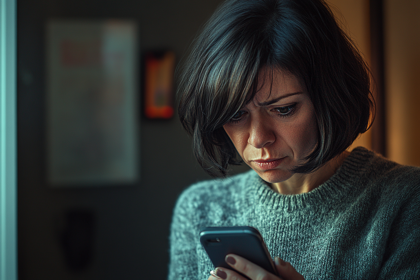 A woman staring at her phone with a concerned frown | Source: Midjourney