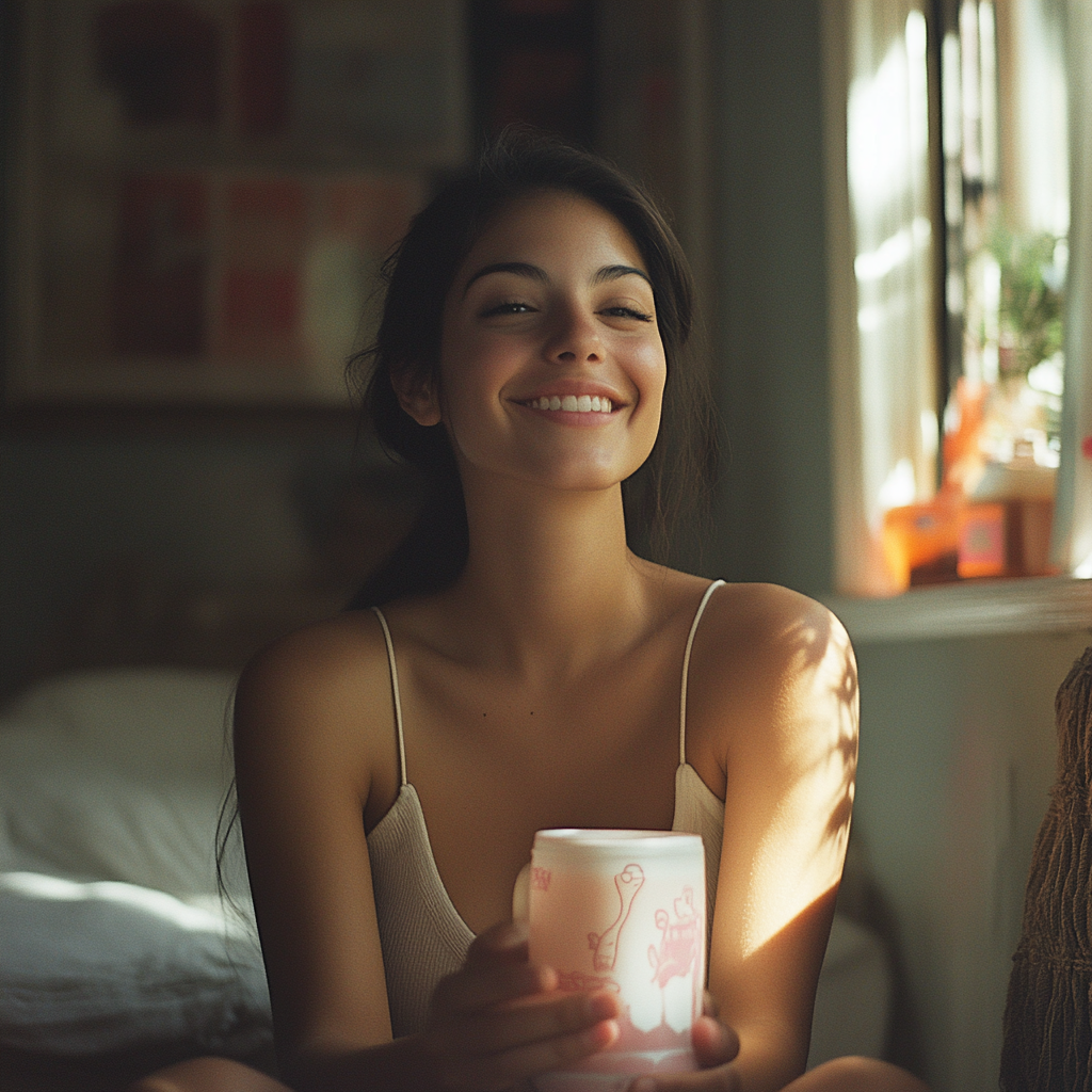 A happy woman drinking tea | Source: Midjourney