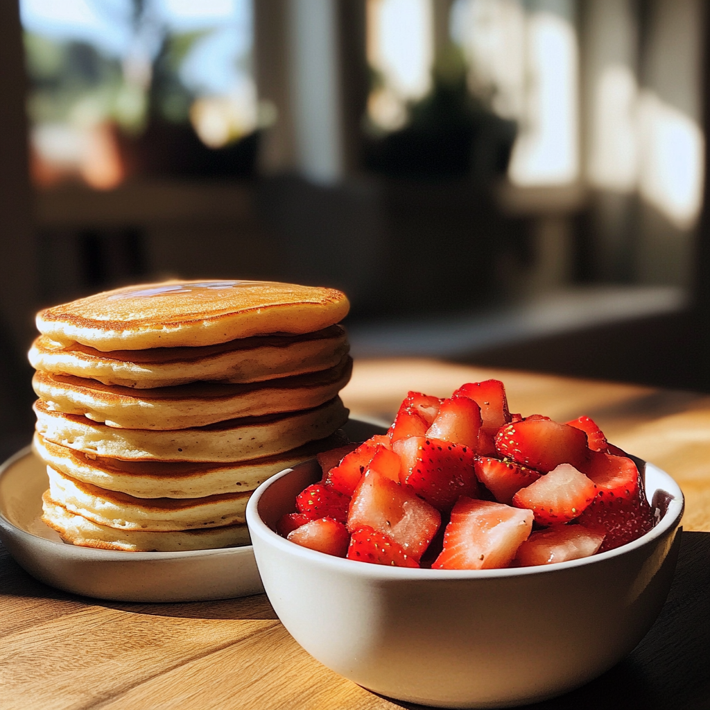 A stack of pancakes and a bowl of strawberries | Source: Midjourney