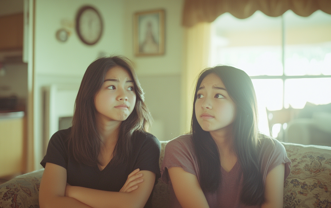 Twin teenage girls sitting on a couch, looking thoughtful | Source: Midjourney