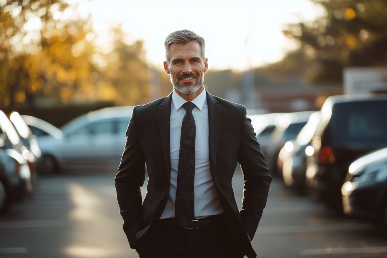 A man smiling, walking through a parking lot | Source: Midjourney