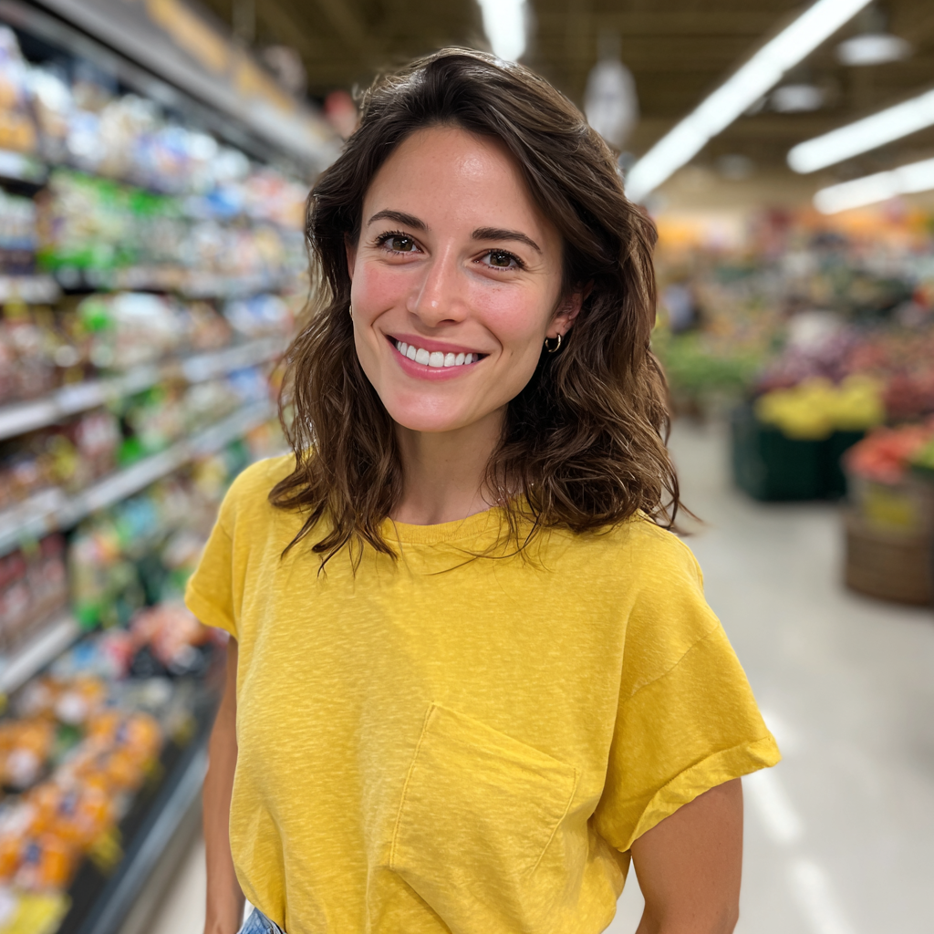 A smiling woman standing in a grocery store | Source: Midjourney