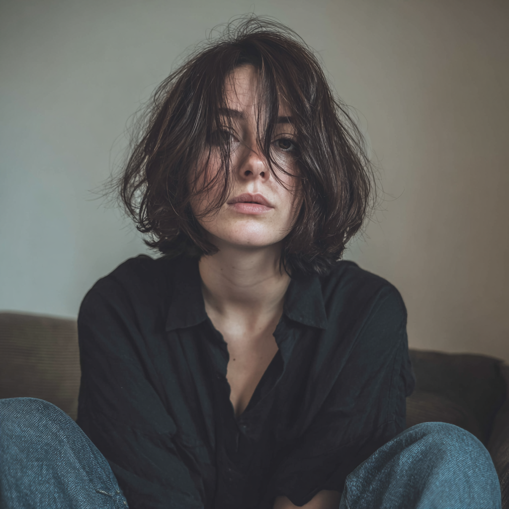 An upset woman sitting on a couch | Source: Midjourney