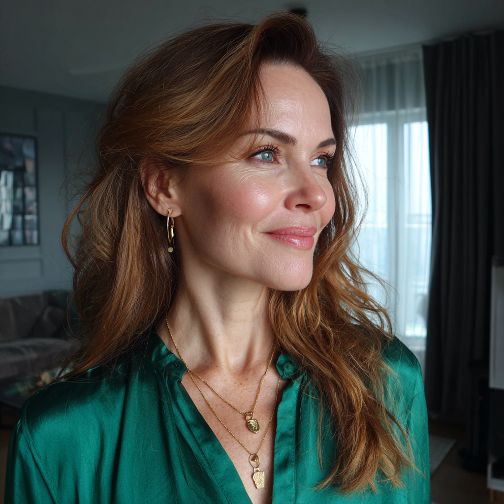 A smiling woman wearing an emerald blouse | Source: Midjourney