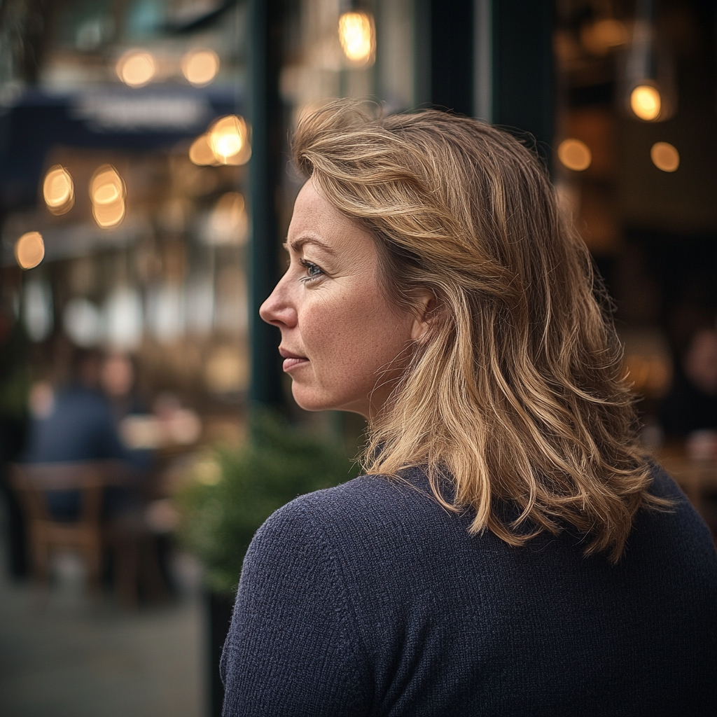 Uma foto em close de uma mulher parada do lado de fora de um restaurante | Fonte: Midjourney