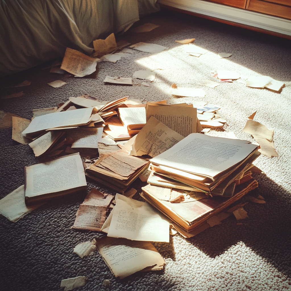 Destroyed books on a carpet | Source: Midjourney