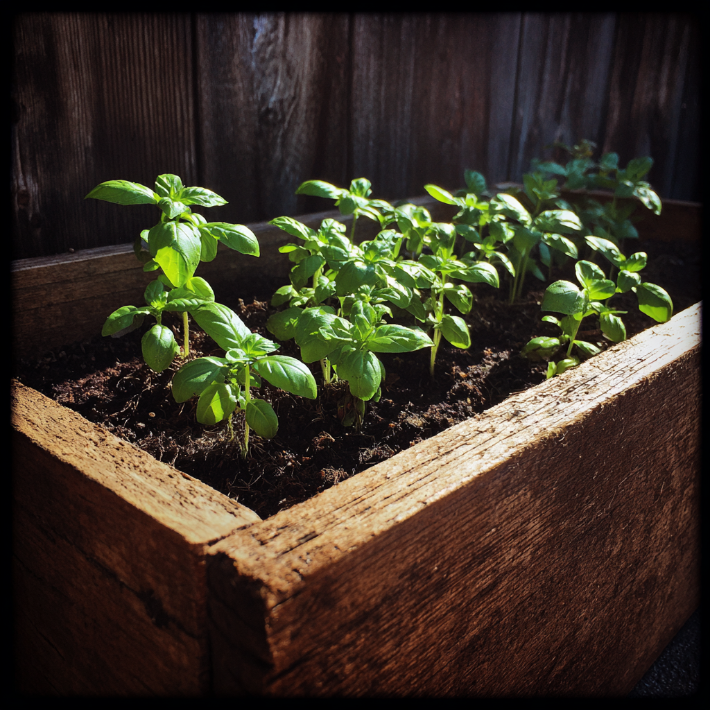 Basil seedlings in a planter box | Source: Midjourney