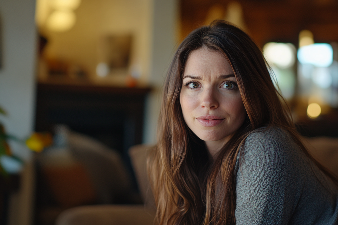 A mildly concerned woman in her living room | Source: Midjourney